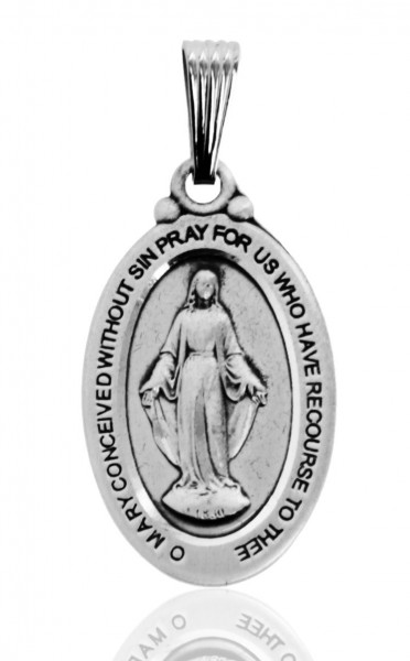 Men's Oval Sterling Silver Miraculous Medal with Decorative Bale - No Chain