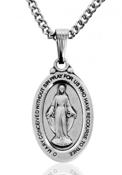 Men's Oval Sterling Silver Miraculous Medal with Decorative Bale - 24&quot; 2.4mm Rhodium Plate Chain + Clasp