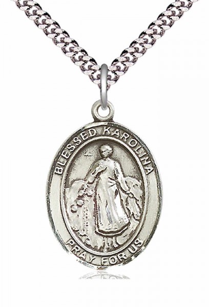 Men's Pewter Oval Blessed Karolina Kozkowna Medal - 24&quot; 2.4mm Rhodium Plate Chain + Clasp