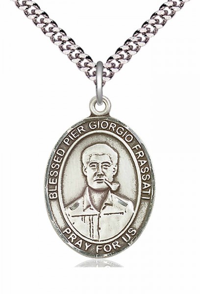 Men's Pewter Oval Blessed Pier Giorgio Frassati Medal - 24&quot; 2.4mm Rhodium Plate Chain + Clasp