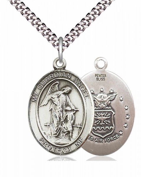 Men's Pewter Oval Guardian Angel Air Force Medal - 24&quot; 2.4mm Rhodium Plate Chain + Clasp
