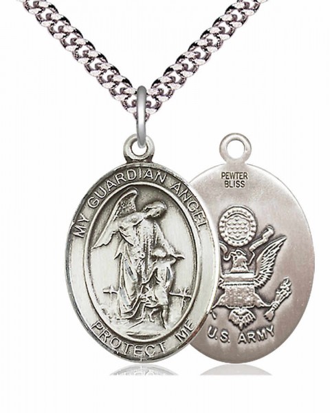 Men's Pewter Oval Guardian Angel Army Medal - 24&quot; 2.4mm Rhodium Plate Chain + Clasp