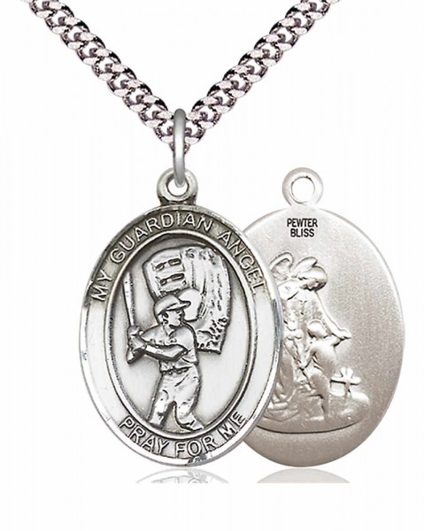Men's Pewter Oval Guardian Angel Baseball Medal - 24&quot; 2.4mm Rhodium Plate Endless Chain