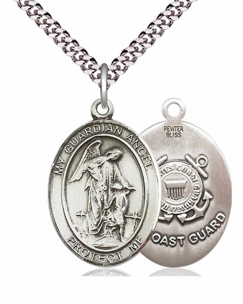 Men's Pewter Oval Guardian Angel Coast Guard Medal - 24&quot; 2.4mm Rhodium Plate Chain + Clasp