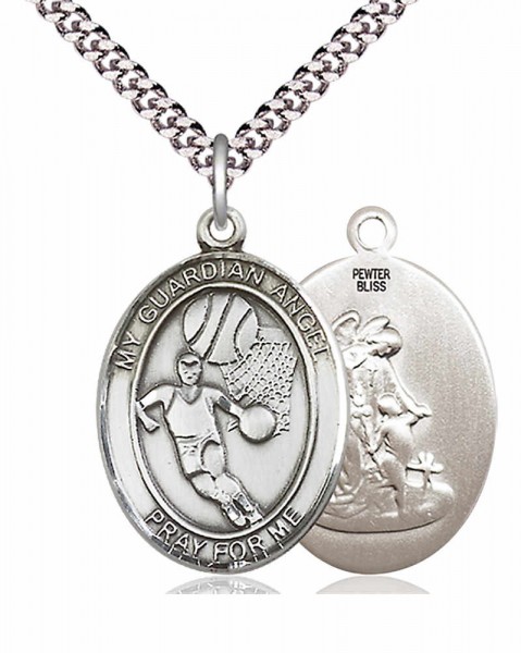 Men's Pewter Oval Guardian Angel Basketball Medal - 24&quot; 2.4mm Rhodium Plate Chain + Clasp