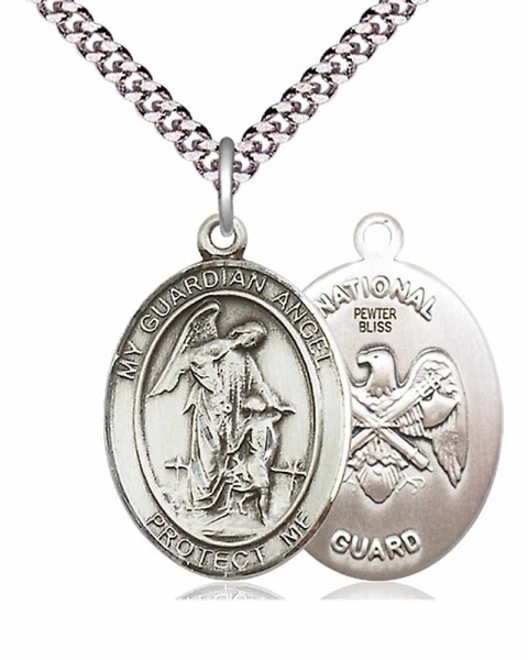 Men's Pewter Oval Guardian Angel National Guard Medal - 24&quot; 2.4mm Rhodium Plate Chain + Clasp