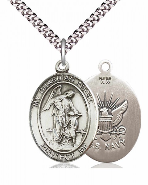 Men's Pewter Oval Guardian Angel Navy Medal - 24&quot; 2.4mm Rhodium Plate Chain + Clasp