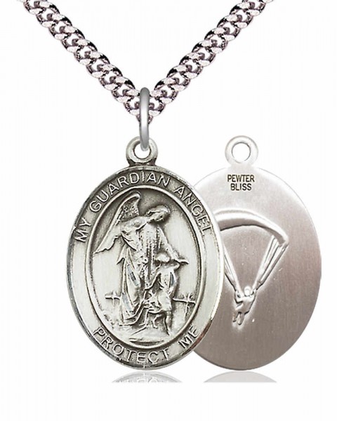 Men's Pewter Oval Guardian Angel Paratrooper Medal - 24&quot; 2.4mm Rhodium Plate Chain + Clasp