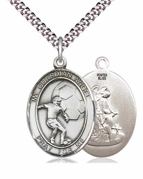 Men's Pewter Oval Guardian Angel Soccer Medal - 20&quot; Rhodium Plate Chain + Clasp
