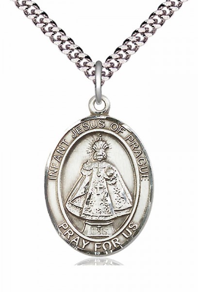 Men's Pewter Oval Infant of Prague Medal - 24&quot; 2.4mm Rhodium Plate Chain + Clasp