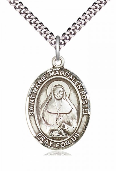 Men's Pewter Oval Marie Magdalen Postel Medal - 24&quot; 2.4mm Rhodium Plate Chain + Clasp