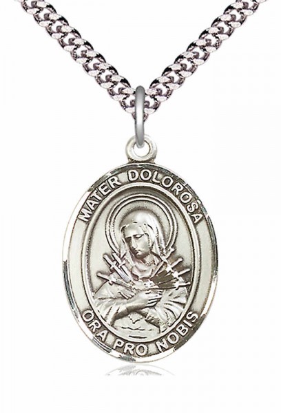 Men's Pewter Oval Mater Dolorosa Medal - 24&quot; 2.4mm Rhodium Plate Chain + Clasp