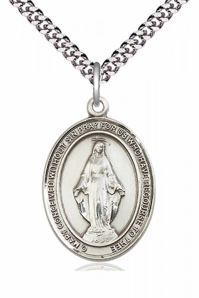 Men's Pewter Oval Miraculous Medal - 24&quot; 2.4mm Rhodium Plate Chain + Clasp