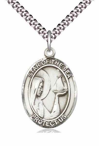 Men's Pewter Oval Our Lady Star of the Sea Medal - 24&quot; 2.4mm Rhodium Plate Chain + Clasp