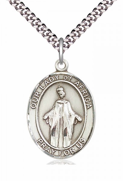 Men's Pewter Oval Our Lady of Africa Medal - 24&quot; 2.4mm Rhodium Plate Chain + Clasp