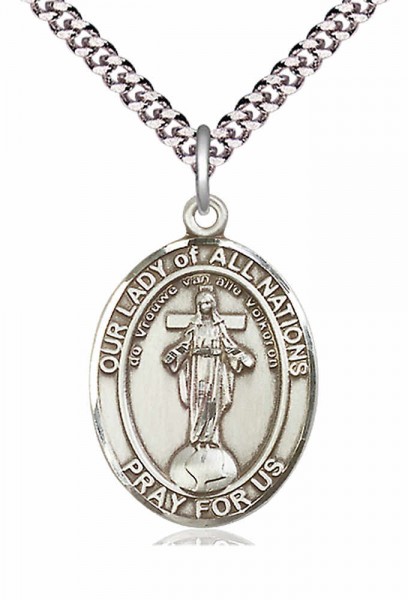 Men's Pewter Oval Our Lady of All Nations Medal - 24&quot; 2.4mm Rhodium Plate Chain + Clasp