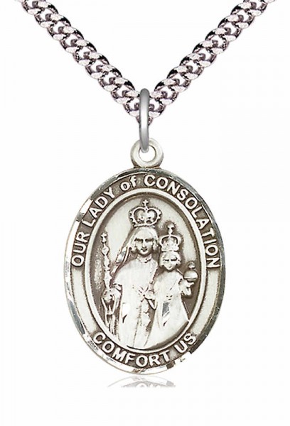 Men's Pewter Oval Our Lady of Consolation Medal - 24&quot; 2.4mm Rhodium Plate Chain + Clasp