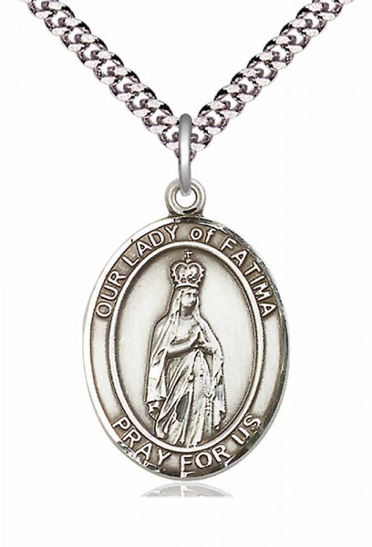 Men's Pewter Oval Our Lady of Fatima Medal - 24&quot; 2.4mm Rhodium Plate Chain + Clasp