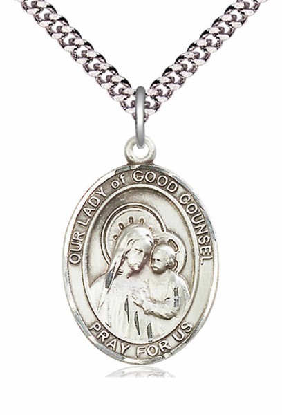Men's Pewter Oval Our Lady of Good Counsel Medal - 24&quot; 2.4mm Rhodium Plate Chain + Clasp