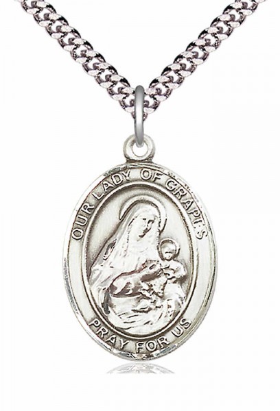 Men's Pewter Oval Our Lady of Grapes Medal - 24&quot; 2.4mm Rhodium Plate Chain + Clasp