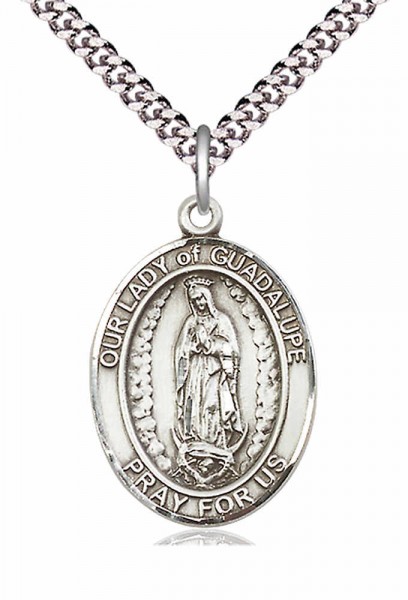 Men's Pewter Oval Our Lady of Guadalupe Medal - 24&quot; 2.4mm Rhodium Plate Chain + Clasp