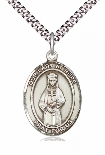 Men's Pewter Oval Our Lady of Hope Medal - 20&quot; Rhodium Plate Chain + Clasp