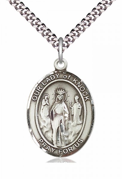 Men's Pewter Oval Our Lady of Knock Medal - 24&quot; 2.4mm Rhodium Plate Chain + Clasp