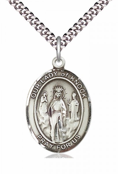 Men's Pewter Oval Our Lady of Knock Medal - 20&quot; Rhodium Plate Chain + Clasp