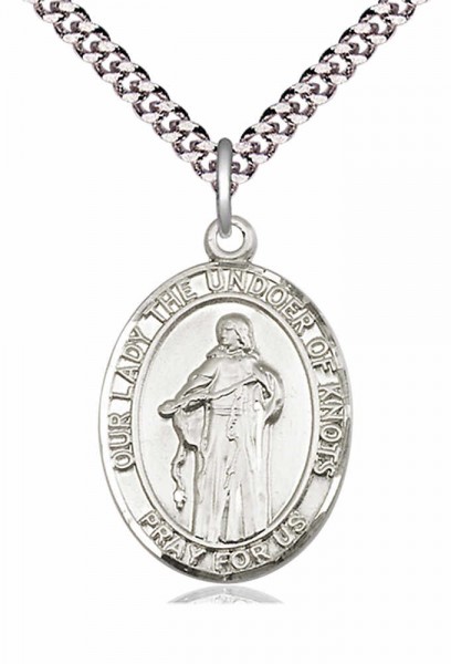 Men's Pewter Oval Our Lady of Knots Medal - 24&quot; 2.4mm Rhodium Plate Chain + Clasp