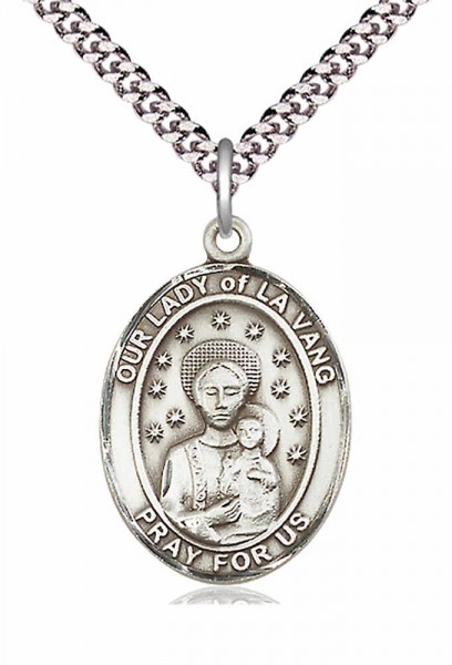 Men's Pewter Oval Our Lady of La Vang Medal - 24&quot; 2.4mm Rhodium Plate Chain + Clasp