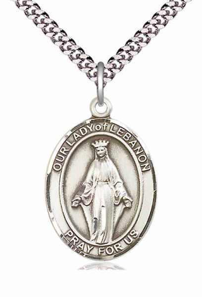 Men's Pewter Oval Our Lady of Lebanon Medal - 24&quot; 2.4mm Rhodium Plate Chain + Clasp