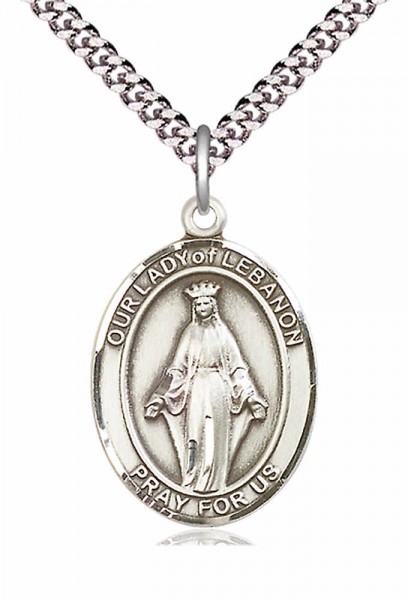 Men's Pewter Oval Our Lady of Lebanon Medal - 24&quot; 2.4mm Rhodium Plate Endless Chain