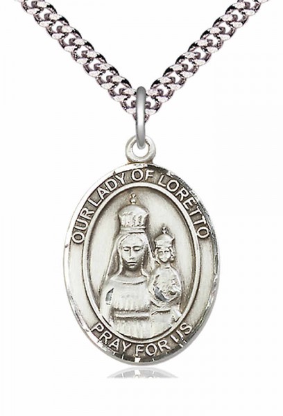 Men's Pewter Oval Our Lady of Loretto Medal - 24&quot; 2.4mm Rhodium Plate Chain + Clasp
