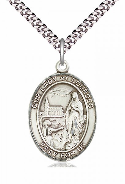 Men's Pewter Oval Our Lady of Lourdes Medal - 24&quot; 2.4mm Rhodium Plate Chain + Clasp