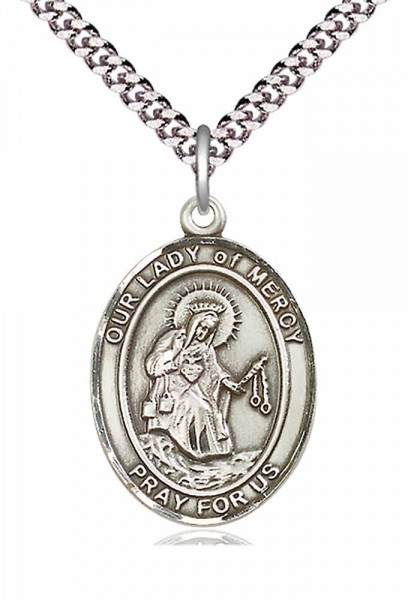 Men's Pewter Oval Our Lady of Mercy Medal - 24&quot; 2.4mm Rhodium Plate Chain + Clasp