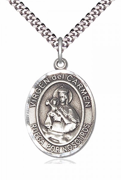 Men's Pewter Oval Our Lady of Mount Carmel Medal - 24&quot; 2.4mm Rhodium Plate Chain + Clasp