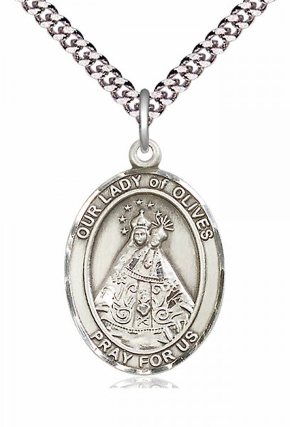 Men's Pewter Oval Our Lady of Olives Medal - 24&quot; 2.4mm Rhodium Plate Chain + Clasp