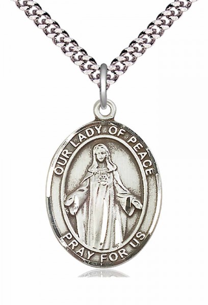 Men's Pewter Oval Our Lady of Peace Medal - 24&quot; 2.4mm Rhodium Plate Chain + Clasp