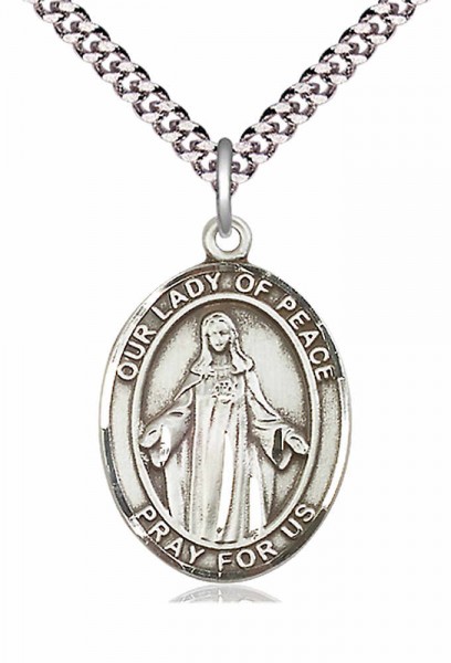 Men's Pewter Oval Our Lady of Peace Medal - 20&quot; Rhodium Plate Chain + Clasp