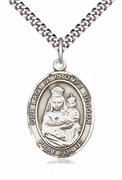Men's Pewter Oval Our Lady of Prompt Succor Medal - 24&quot; 2.4mm Rhodium Plate Chain + Clasp