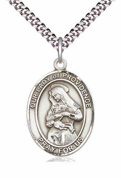 Men's Pewter Oval Our Lady of Providence Medal - 24&quot; 2.4mm Rhodium Plate Chain + Clasp