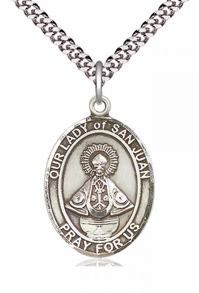 Men's Pewter Oval Our Lady of San Juan Medal - 24&quot; 2.4mm Rhodium Plate Chain + Clasp