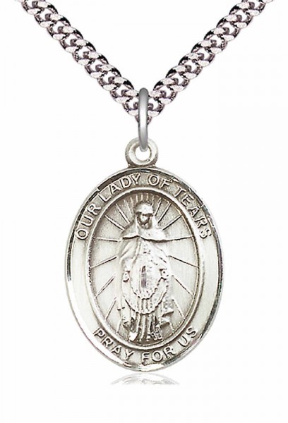Men's Pewter Oval Our Lady of Tears Medal - 24&quot; 2.4mm Rhodium Plate Endless Chain