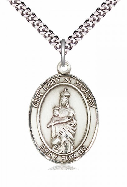 Men's Pewter Oval Our Lady of Victory Medal - 24&quot; 2.4mm Rhodium Plate Chain + Clasp