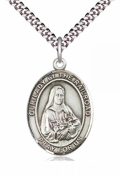 Men's Pewter Oval Our Lady of the Railroad Medal - 24&quot; 2.4mm Rhodium Plate Chain + Clasp