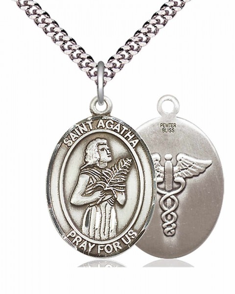 Men's Pewter Oval Saint Agatha Oval Medal with Caduceus - 24&quot; 2.4mm Rhodium Plate Chain + Clasp