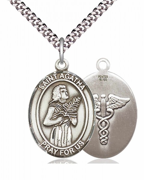 Men's Pewter Oval Saint Agatha Oval Medal with Caduceus - 24&quot; 2.4mm Rhodium Plate Endless Chain