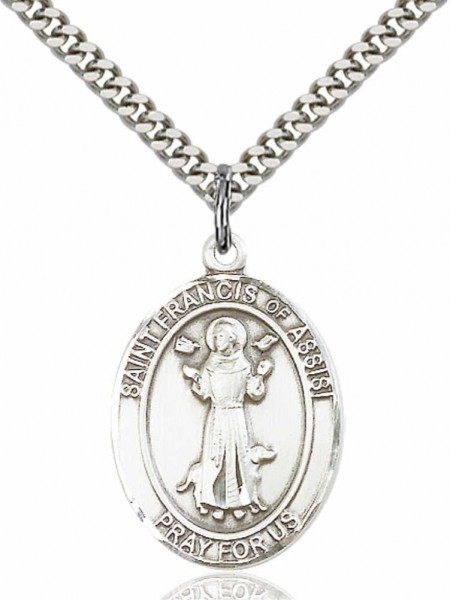 Men's Pewter Oval Saint Francis of Assisi Medal - 24&quot; 2.4mm Rhodium Plate Chain + Clasp