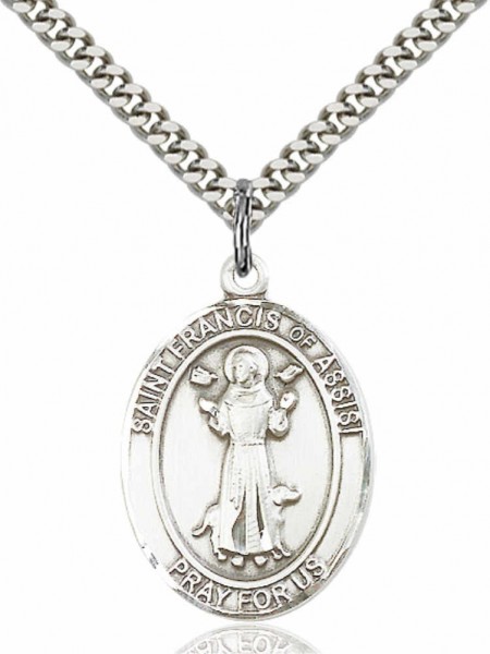 Men's Pewter Oval Saint Francis of Assisi Medal - 20&quot; Rhodium Plate Chain + Clasp