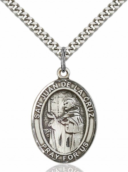 Men's Pewter Oval San Juan De La Cruz Medal - 24&quot; 2.4mm Rhodium Plate Endless Chain